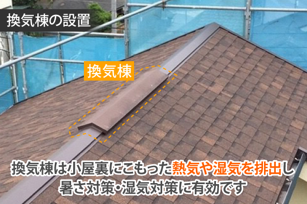 小山市　屋根工事で夏場の猛暑対策　換気棟の解説写真