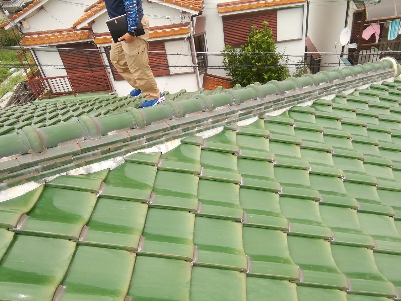 ウグイス色　屋根点検