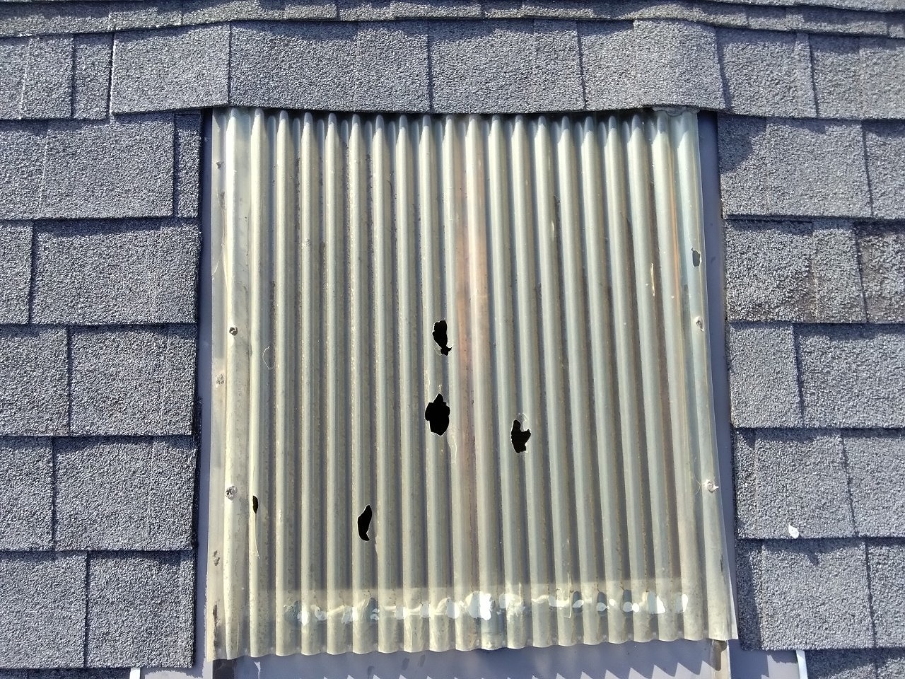 波板の天窓、雹害で穴あき