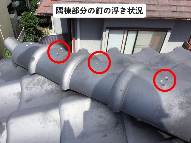 大屋根隅棟の釘浮き状況