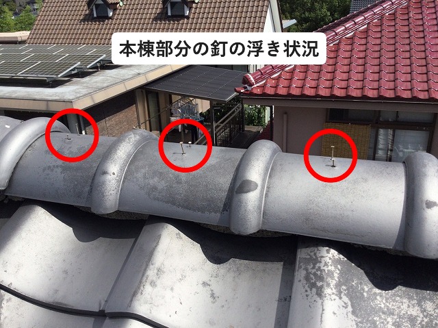 大屋根棟部の釘浮き状況