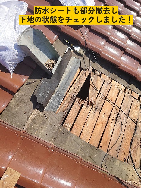 防水シート部分撤去・下地の状態をチェック