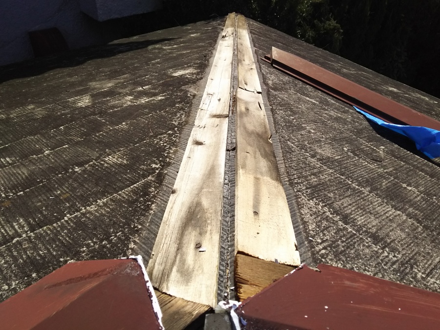 棟板金を撤去した際の棟下地の様子