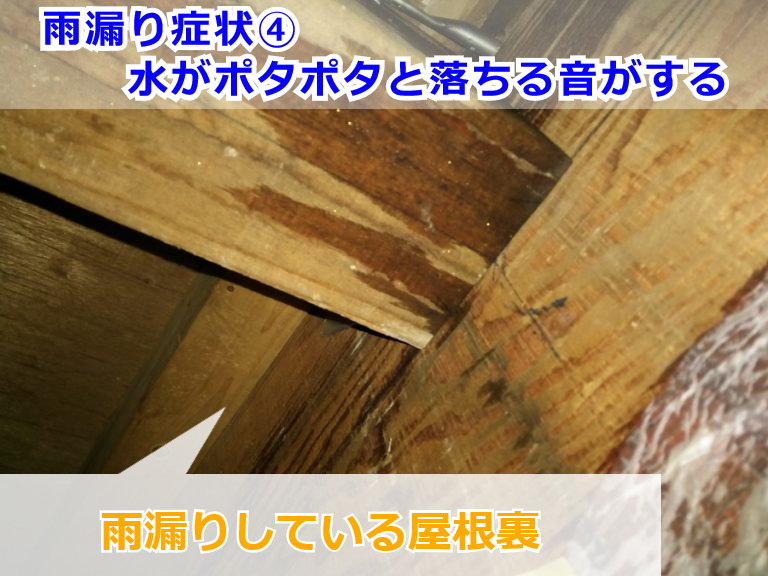 雨漏りしている屋根裏の様子