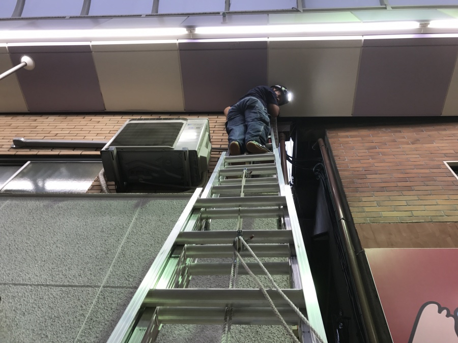 梯子に上り点検を行います