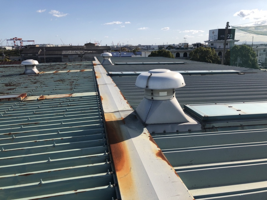 折半屋根の重ね式折半屋根とハゼ式折半屋根が使用されてい写真