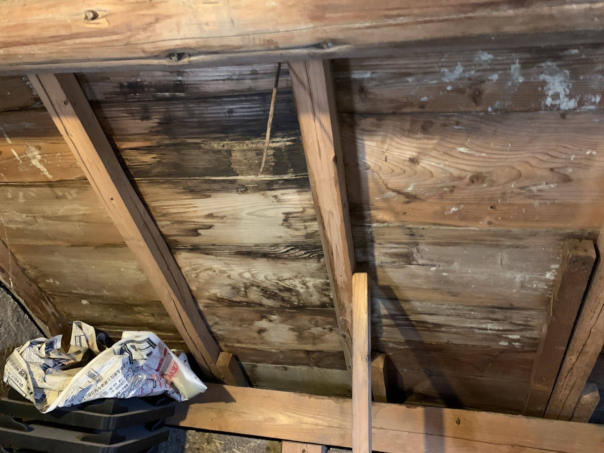 蔵の天井裏に広がる雨漏りの跡
