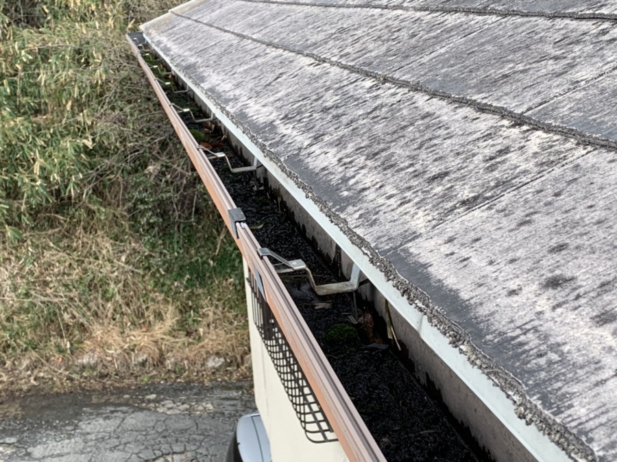 雨樋部分,軒樋の中にかなり苔が繁殖