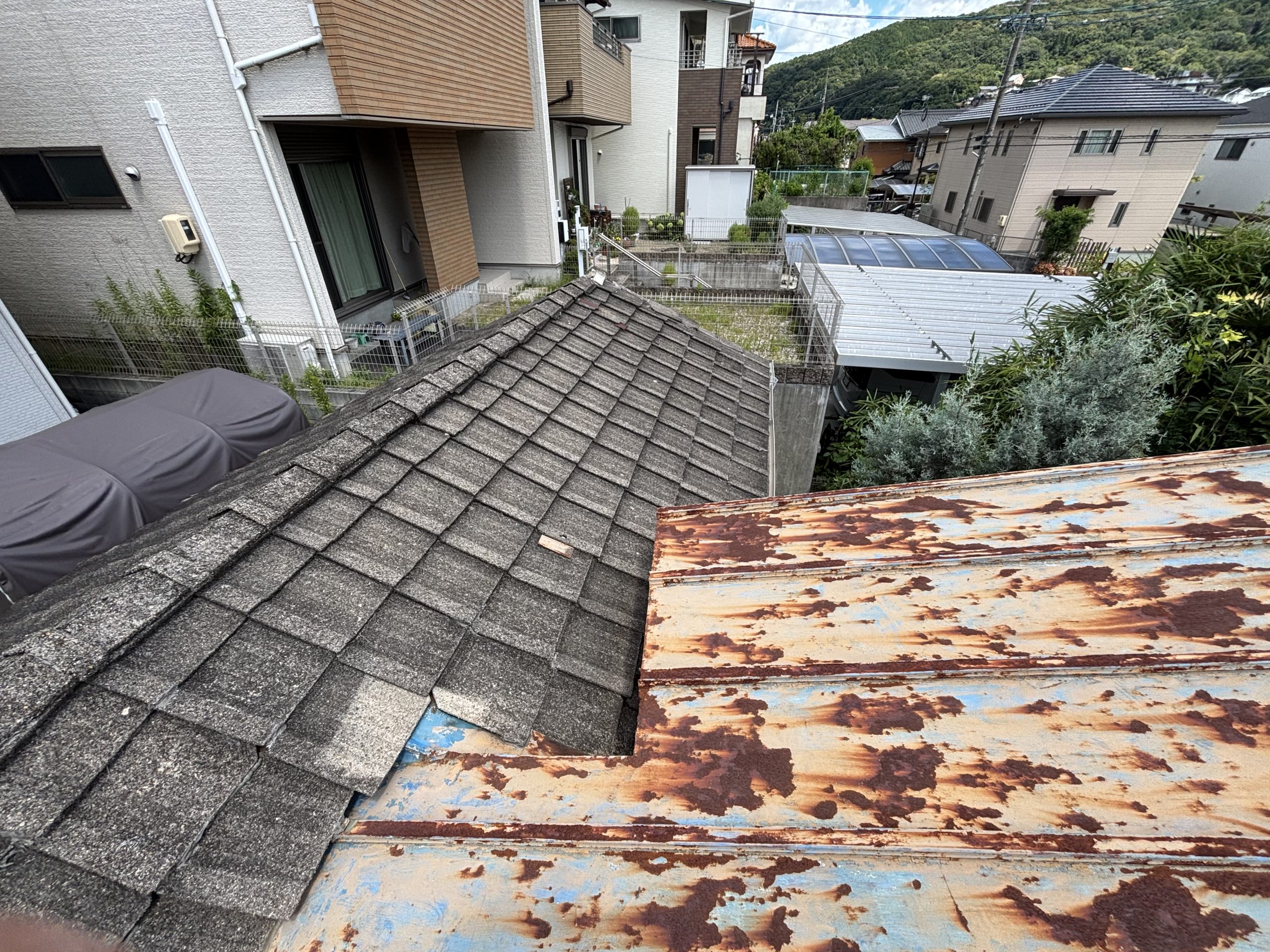 古いセメント瓦の割れや色あせを確認している様子