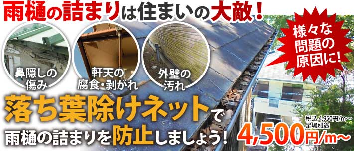 雨樋の詰まりにお悩みの方へ、落ち葉除けネットがお薦めです