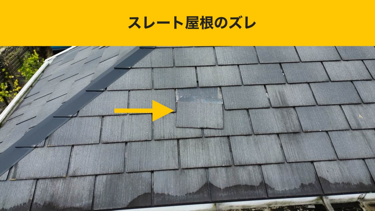 筑紫野市の屋根調査、スレート屋根のずれ、劣化
