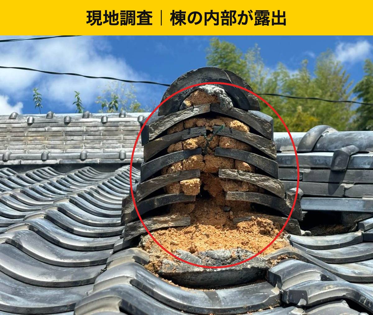 鬼瓦が落下し内部が露出した棟