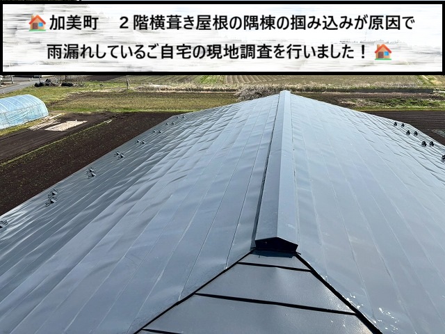 加美町　２階横葺き屋根の隅棟の掴み込み原因で雨漏りしているご自宅の現地調査を行った