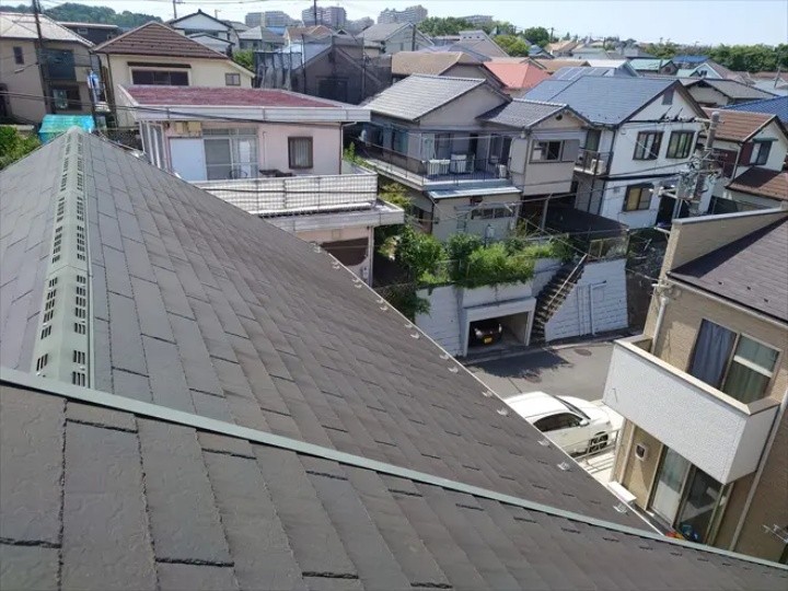 北側の屋根面は苔や黒カビの付着が目立つ状態