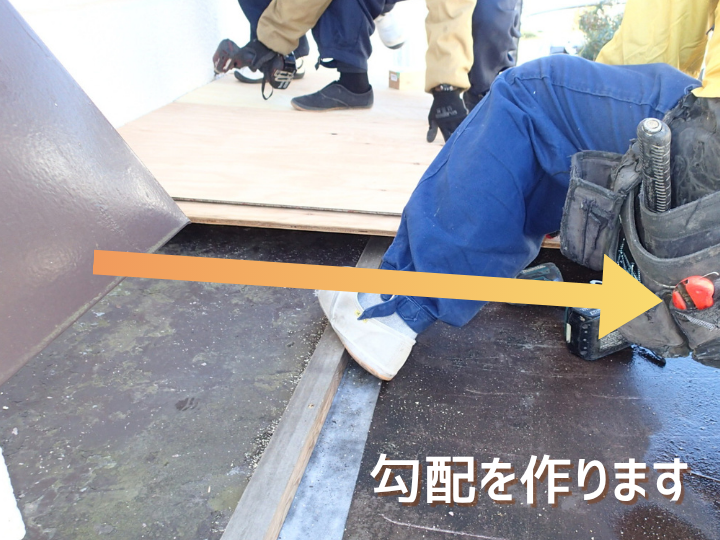 角材を使って庇の勾配つくり