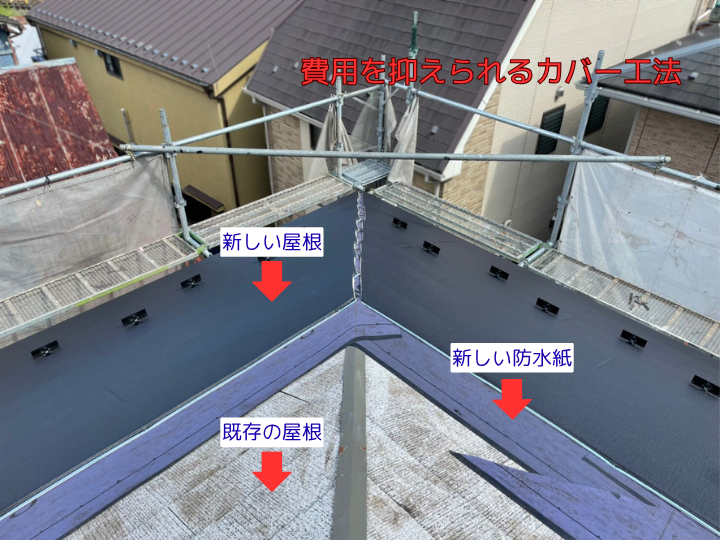費用を抑えられる　重ねて葺く　カバー工法の構造