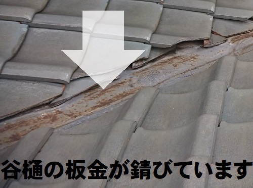 府中市の瓦屋根雨漏り調査で谷板金の錆びや穴あきを確認！谷板金にさび