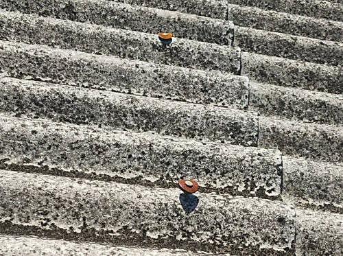 福山市にて工場から住宅へ改築された建物の大波スレート葺き屋根調査留め具が浮いている様子