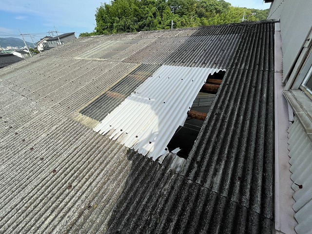 劣化した白い波板屋根
