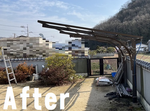 福山市で古くなり強風で一部飛散したカーポートの塩ビ波板撤去工事後の様子