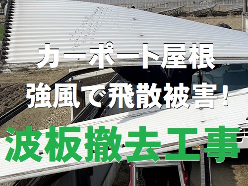 福山市で古くなり強風で一部飛散したカーポートの塩ビ波板屋根材撤去工事