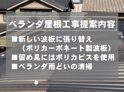 福山市で留め具の数が足りずバタついていたベランダ屋根材の取替え工事内容