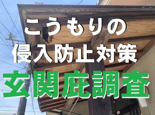 福山市害獣の侵入防止対策で玄関屋根軒下調査