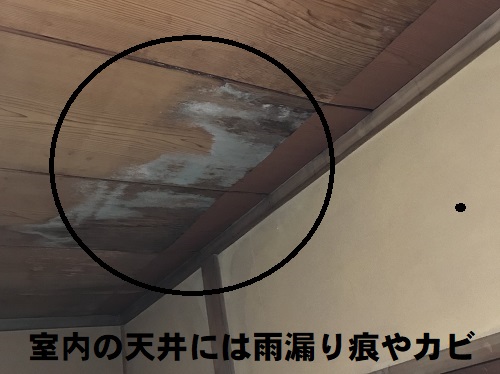 福山市にて天井にカビが生えるほど雨漏りする瓦棒屋根の雨漏り調査室内天井