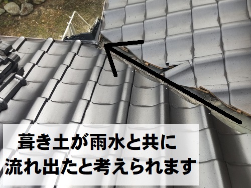 福山市隅棟取り直し工事前棟の葺き土の流出の進路