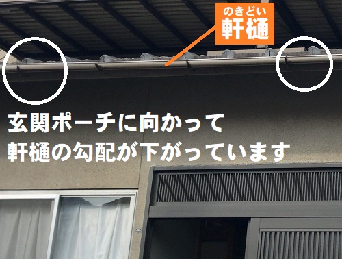 広島県府中市にて雨水が玄関先に落ちてくる雨樋修理で無料調査勾配が下がっている軒樋