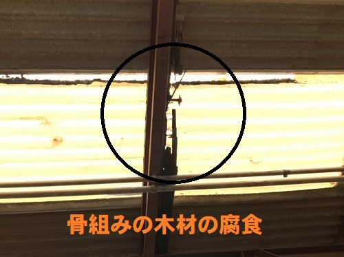 福山市ガラスネット波板からの雨漏り調査骨組の木材腐食