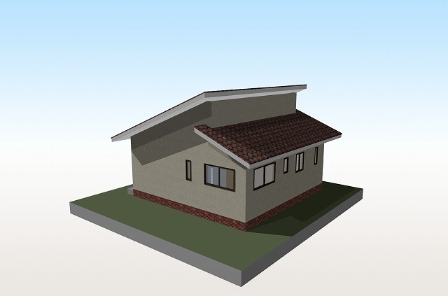 長い屋根と短い屋根の間に段差を付けた招き屋根の写真