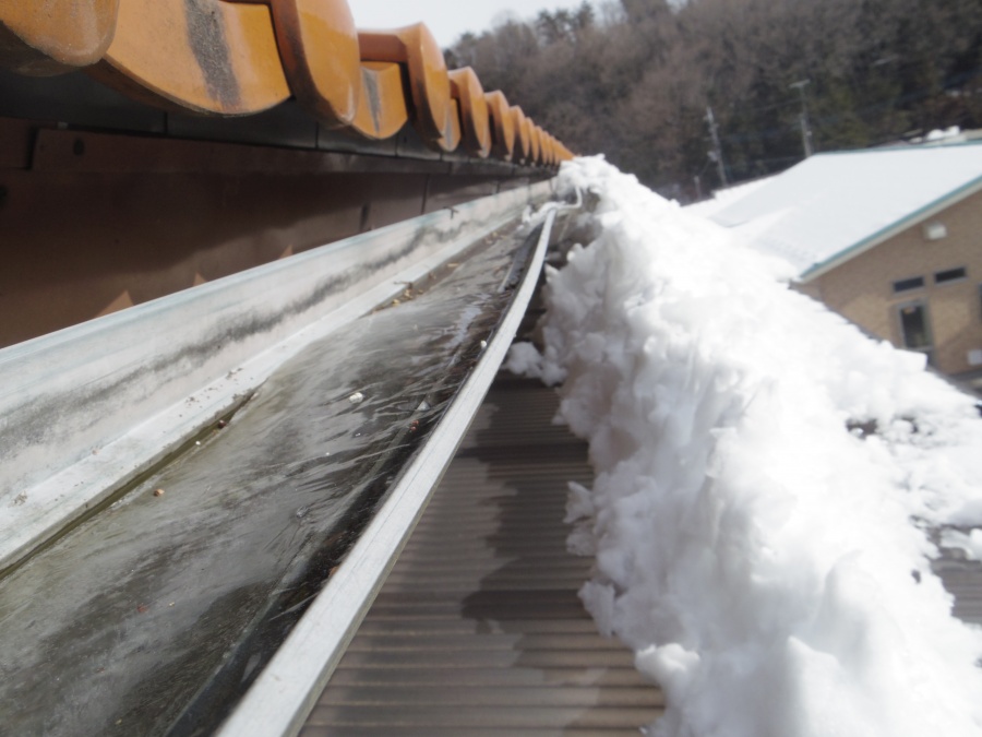 軒樋が下がり水が溜まっています