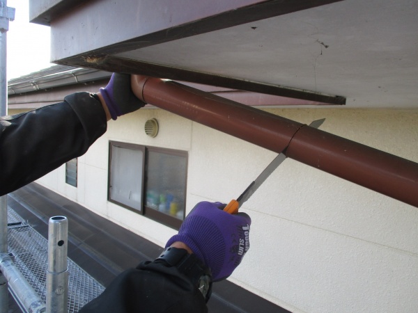 縦樋を撤去中です