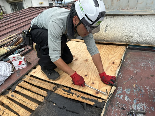 野地板貼り付け中