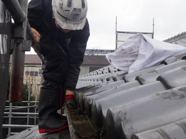 軒樋の清掃中です