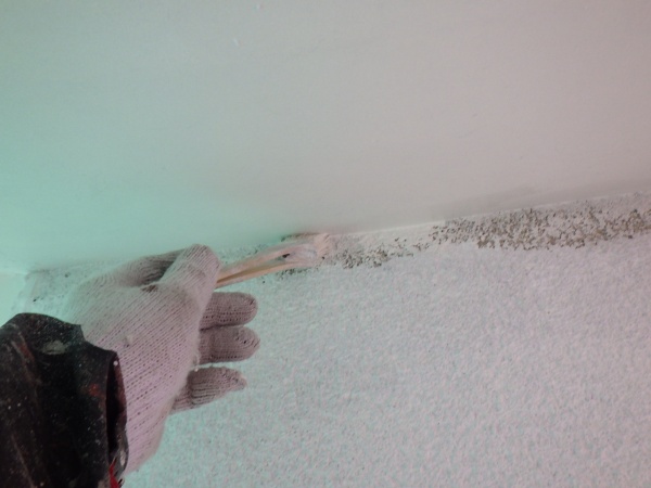 １回目軒天の刷毛塗装中です