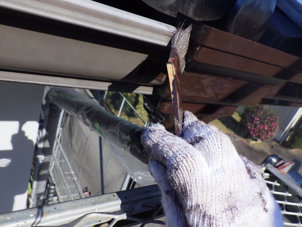 軒樋の中塗り塗装中です