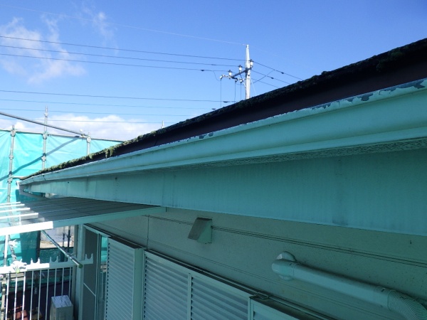 洗浄前の破風と軒樋の状態です