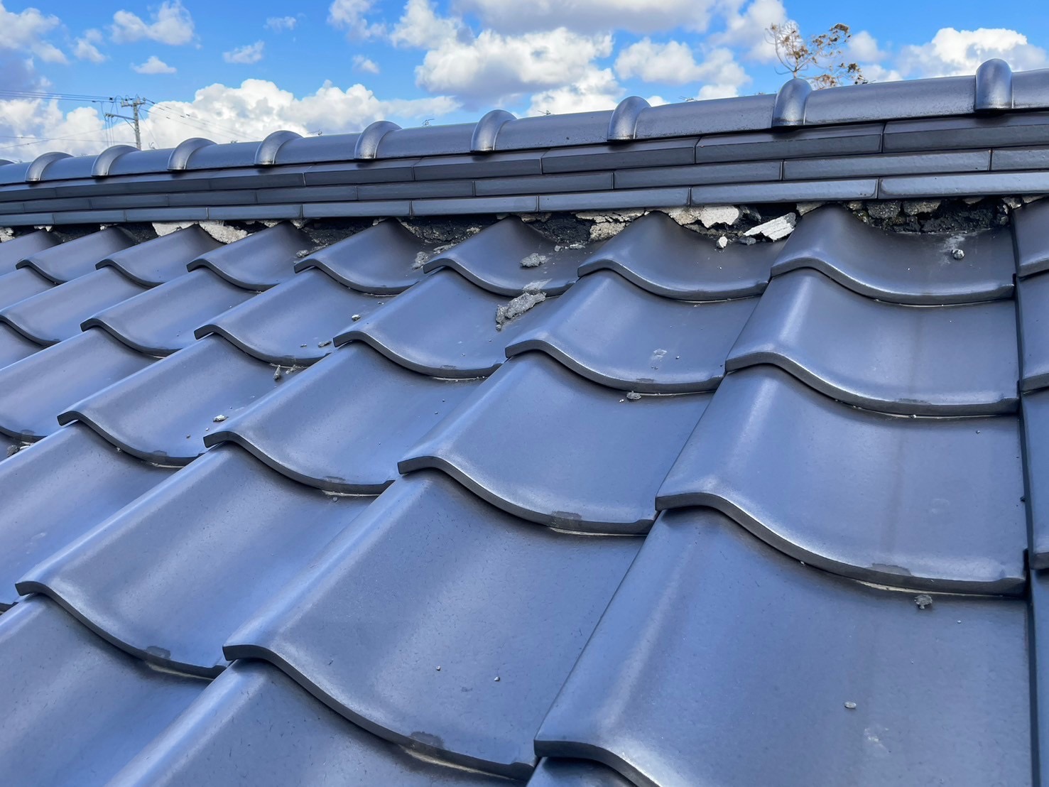 瓦屋根棟部欠損　現地調査