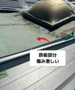 奈良市工場の屋根トップライト周辺の鉄板の傷みが激しい