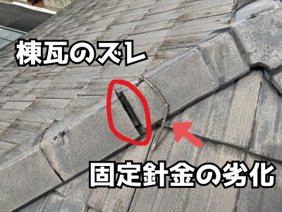 奈良市ダイワハウス住宅セメント瓦の棟瓦がズレており、固定針金が劣化している