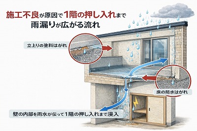 バルコニー防水の施工不良により雨水が壁内部を伝い1階の押し入れまで雨漏りが広がる仕組みの図解