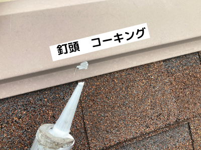 田原本町棟板金の浮いた釘をコーキングで補修