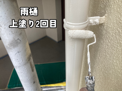 奈良市マンション雨樋の仕上げ塗装2回目施工中