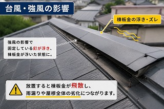 生駒市 強風で浮いた棟板金の劣化状況