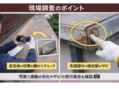 橿原市で鉄製庇の劣化状況を確認する現場調査の様子