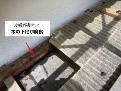 大和郡山市波板が割れて木の下地が腐食