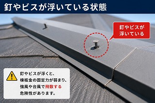 生駒市 棟板金の釘やビスが浮いた状態