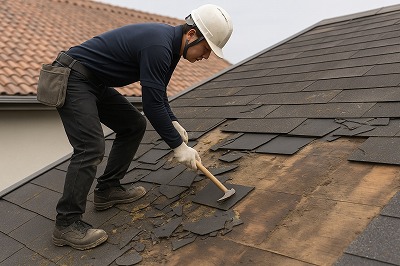 生駒市の屋根葺き替え工事で劣化したスレート屋根を撤去している作業風景